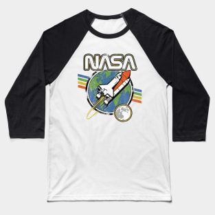 NASA Blast Off Retro Rainbow Stripes Graphic Baseball T-Shirt